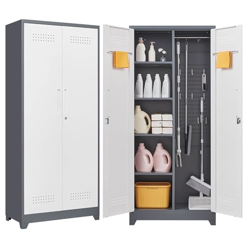 Tall Metal Storage Cabinet with Locking Doors, 72" Heavy Duty Garage Cabinet with Shelves and Hanging Rod, Broom Closet & Cleaning Tool Organizer for Home, Office, Utility Room, (Grey+White, 72" H) - color: Grey+white