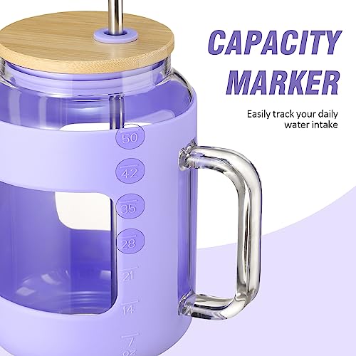 WINSA 50 oz Glass Water Bottles with Silicone Sleeve,Glass Tumbler with Lid and Straw,Iced Coffee Cup with Handle,BPA Free-Purple - color: Purple