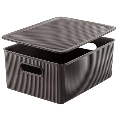 Decorative Plastic Basket Lidded Home Storage Bins Organizer Baskets, Large Brown (1 Pack - 15 Liter) Stackable Container Box, for Organizing Closet Storage Bins for Shelves - Ribbed Collection - color: Brown, size: 15 L