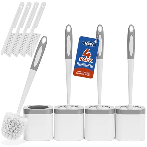 Toilet Brush, 4 Pack Toilet Brush and Holder Set Bathroom Accessories, Toilet Bowl Brush and Holder with 4 Crevice Brush for Bathroom, Toilet Scrubber Brush, White - color: White