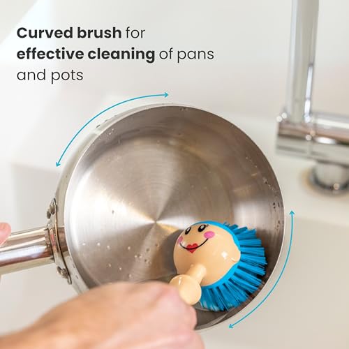 Vigar Dolls Dish Brush with Handle and Holder - Dish Scrubber Brush for Dishes and Pans, Kitchen Scrub Brush, Dishwashing Brush for Kitchen Sink Cleaning, Cute Standing Dish Brush Design - Gray, Blue - color: Gray, Blue