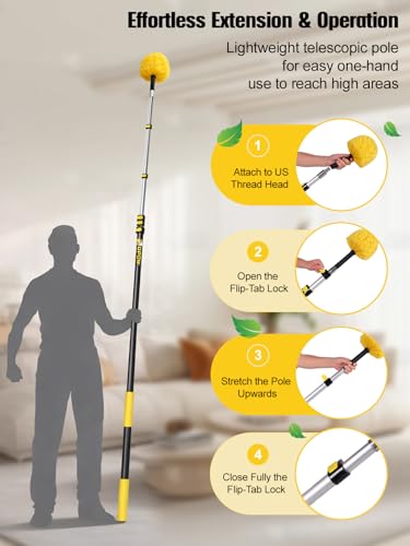 6-24ft Cobweb Duster with Extension Pole, Opow 32ft High Reach Spider Web Brush, Aluminum Telescopic Pole, Webster Duster with 2 Washable Heads and Universal Joint Angle Adaptor for Outdoor & Indoor - size: 24 feet