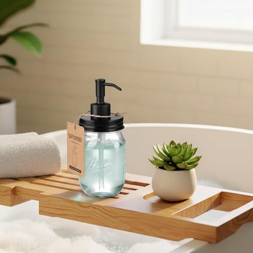 SheeChung 16 Oz Mason Jar Liquid Soap Dispenser, Glass Hand Soap Dispenser, Stainless Steel Pump Lid, Refillable Lotion Dispensers for Bathroom Countertop Kitchen (2, Black) - color: Black-2 Pack, Regular Mouth