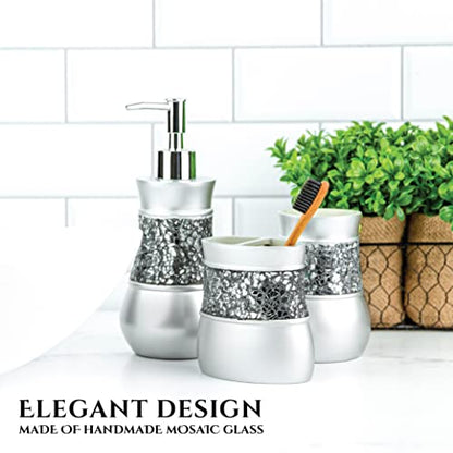 Creative Scents Crackled Glass Silver Bathroom Accessories Set Complete - 6 Piece Bathroom Accessory Set Includes: Trash Can, Tissue Box Cover, Soap Dispenser, Toothbrush Holder, Soap Dish & Tumbler - style: 6 Pc Set 01