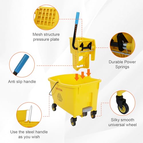 35 Qt Commercial Mop Bucket with Side Press Wringer on Wheels, Mop and Bucket Set, Add One Industrial Mop and One Mop Head Replacement