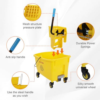 35 Qt Commercial Mop Bucket with Side Press Wringer on Wheels, Mop and Bucket Set, Add One Industrial Mop and One Mop Head Replacement