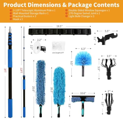Duster with Extension Pole (20 FT Reach), Light Bulb Changer for High Ceilings & 3-12FT Extension Pole Duster Cleaning Kit, Fan Duster/Cobweb Duster/Window Washing Kit for High Window, Interior Roof