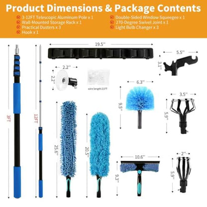 Duster with Extension Pole (20 FT Reach), Light Bulb Changer for High Ceilings & 3-12FT Extension Pole Duster Cleaning Kit, Fan Duster/Cobweb Duster/Window Washing Kit for High Window, Interior Roof