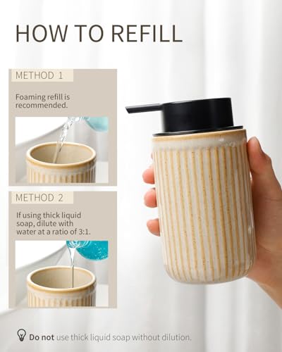 BosilunLife Foam Hand Soap Dispenser - Ceramic Foaming Soap Dispenser for Bathroom 12oz Refillable Liquid Lotion Soap Dispenser with Rust-Proof Foaming Pump for Countertop, Greige - color: Greige Foam Pump