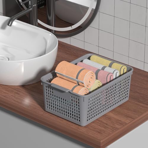 Readsky 3 Packs Plastic Storage Basket Desktop Organizer, Large Storage Baskets, Gray