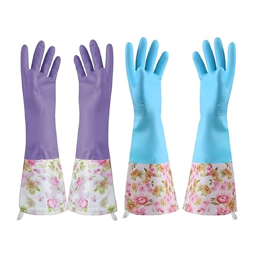 KINGFINGER Dishwashing Cleaning Gloves, 2 Pairs Reusable Rubber Gloves PVC Latex-Free Waterproof Long Cuff and Flock Lining Household Cleaning Glove(Blue + Purple) - color: Blue+purple