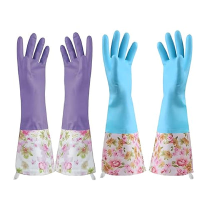 KINGFINGER Dishwashing Cleaning Gloves, 2 Pairs Reusable Rubber Gloves PVC Latex-Free Waterproof Long Cuff and Flock Lining Household Cleaning Glove(Blue + Purple) - color: Blue+purple