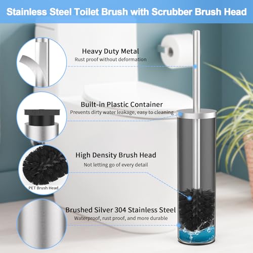 Stainless Steel Toilet Brush and Holder Set Brushed Silver Heavy Duty Toilet Bowl Brush with Long Handle for Bathroom and Farmhouse (Silver) - color: Sliver