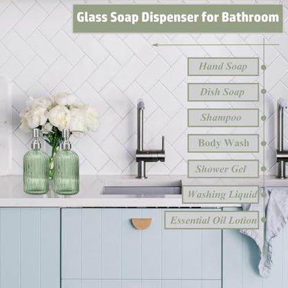 14Oz Green Soap Dispenser Bathroom - 2 Pack, Clear Glass Hand Soap Dispensers with Stainless Steel Pump, Refillable Dish Soap Dispenser for Kitchen, Countertop Soap Dispensers - color: Green (2-pack)