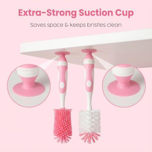 Ariseno 4-in-1 Baby Bottle Brush Set, Including Nylon Bottle Brush, Cap, Straw, Nipple Brushes, BPA-Free (Pink) - color: Pink-nylon