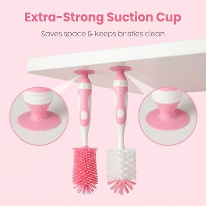 Ariseno 4-in-1 Baby Bottle Brush Set, Including Nylon Bottle Brush, Cap, Straw, Nipple Brushes, BPA-Free (Pink) - color: Pink-nylon