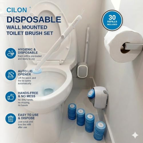 CiLoN 30 Pack Auto-Open Lid Disposable Toilet Bowl Brush & Holder System | Wall-Mounted Disposable Toilet Cleaning Set For Touch-Free Space-Saving Hygienic Modern Bathrooms (Starter Kit + 30 Sponge) - size: Starter Kit + 30pcs Refill Heads