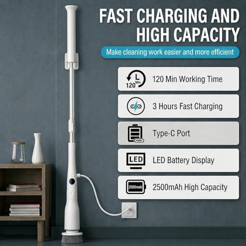 Electric Spin Scrubber, 45LBS High Torque Deep Cleaning Scrubber, Cordless Cleaning Brush with Adjustable Handle & 7 Replaceable Heads, Heavy-Duty Bathroom Scrubber for Bathroom Cleaning (White)