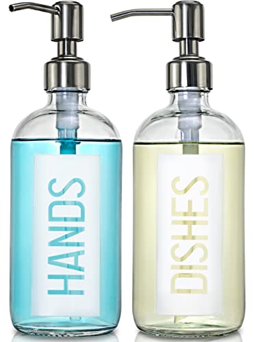JASAI 2Pack 18OZ Glass Soap Dispenser with Rustproof 304 Stainless Steel Pump, Kitchen Soap Dispenser for Hands & Dishes (White) - color: White With White Pump