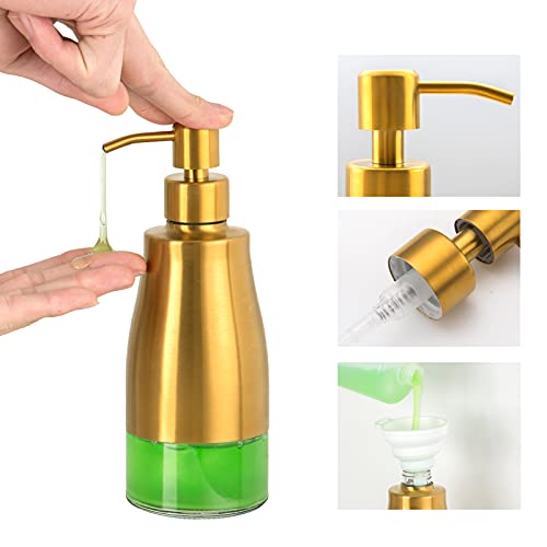 Gaussra Soap Dispenser with Coaster and Stickers, Brushed Gold Stainless Steel Glass Hand Pump Dispenser, Anti Rust Bottle, for Kitchen & Bathroom Detergent Bottle，Refillable Hand Liquid Dispenser - color: Brushed Gold
