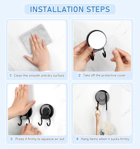 VIS'V Shower Suction Cup Hooks, Heavy Duty, Removable and Reusable, Double Hooks, Black, 2 Pcs