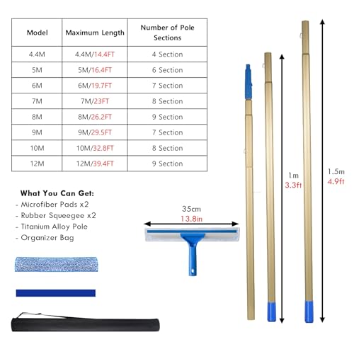 AMUFJJ 40 32 26 23 20 16 14 FT Window Squeegee Cleaner Professional, Commercial Outside Window Washing Kit for High Windows/ 2 Story Home, Glass Cleaning Tool(L 4.4M/14.4FT) - size: L 4.4M/14.4FT
