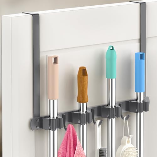 Broom Holder Over The Door-304 Stainless Steel Mop and Broom Holder Wall Mounted or Hanging Over The Door with Hooks - Broom Hanger, Tool Organizer for Garage Closet Laundry Kitchen-Space grey - color: Space grey