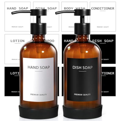RYTOXILO Hand Soap Dispenser for Bathroom 2 Pack, Amber Glass Soap Dispenser with Stainless Steel Pump, 16.9 Fl oz Hand and Dish Soap Dispensers Set Kitchen, Modern Brown Soap Lotion Dispensers Bottle - color: Amber, size: 2 Pack