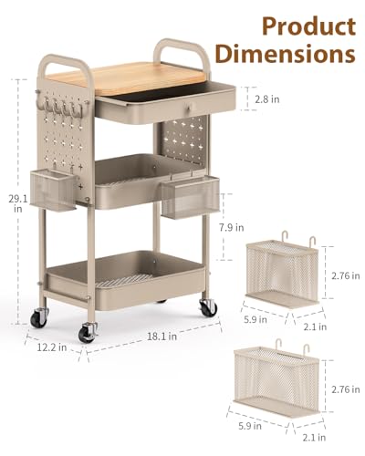 ALVOROG Rolling Cart with Drawer and Wood Table Top, 3 Tier Metal Rolling Utility Cart on Wheels with DIY Pegboards, Hanging Baskets, Hooks for Kitchen, Bedroom, Office, Craft Supplies - color: Beige