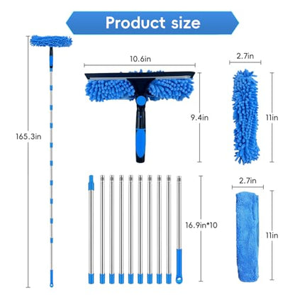 14FT Window Washing Squeegee & Duster with 1-14 ft Spliceable Extension Pole, 2 in 1 Telescopic Window Cleaner Rotatable Window Washing Equipment for High Window, Interior Roof, Car Glass