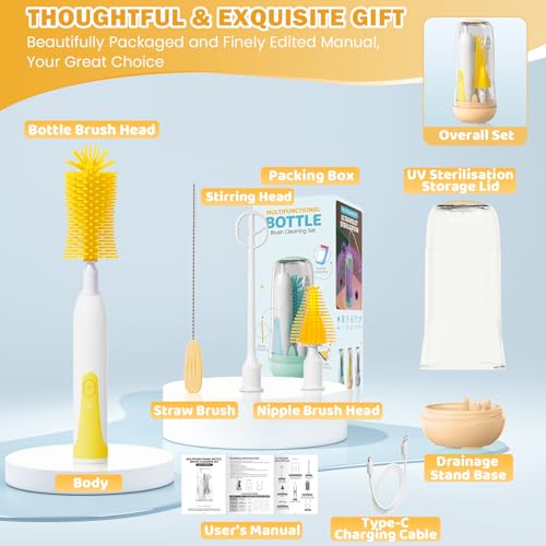 IvyWind Electric Travel Baby Bottle Brush Set with Storage Box, Automatic Bottle Cleaner Brush Kit with Silicone Bottle/Nipple/Straw Brush,Milk Frother Electric and Drainage Rack, Rechargeable, Yellow - color: Yellow
