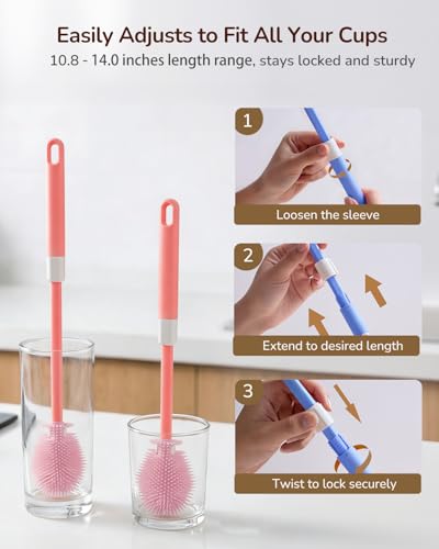 Extendable Bottle Brush with Straw Cleaner Brush, 10.8 to 14 Inches Adjustable Long Handle Water Bottle Scrubber for Cleaning Glasses, Cups, Coffee Mugs, tumblers with Replacement Head, Pink - color: Pink