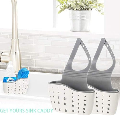 EC ELEGANTCHARM Kitchen Sink Caddy Sponge Holder Silicone Plastic Soap Holder Hanging Ajustable Strap Faucet Caddy with Drain Holes for Drying - color: Beige-2 Pack