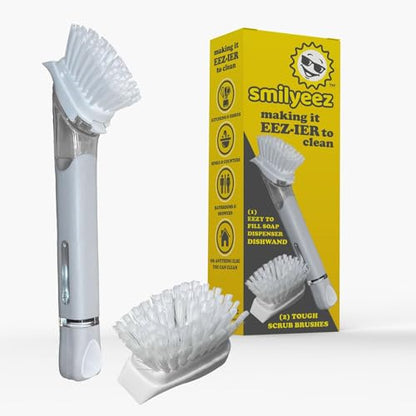 The Original Smiling Handle with Soap Dispensing for Scrub Daddy (Reg. TM) Sponge and Scrub Moji Sponge, Smile Caddy, and 2 Scrub Mojis (White/Grey Wands) - style: White / Grey Brush