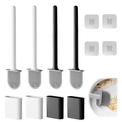 Toilet Bowl Brush and Holder Set, Flexible Silicone Bristles with Detachable Handle, Compact RV and Bathroom Toilet Brush (2 black 2 white)