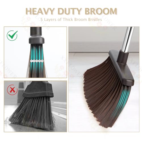 Broom and Dustpan Set with Long Handle, Heavy Dust Broom and Dustpan Combo for Home，Kitchen, Office, Pet Hair(Beige) - color: Beige 1-pack