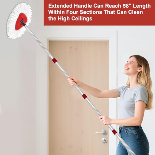 4 Section Stainless Spin Mop Replacement Handle for O Cedar Spin Mop Handle for Ocedar Spin Mop Handles Adjustable 30" to 58" Mop Stick Pole to Various Floor Clean, Universal Screw Joint (No Mop Head)