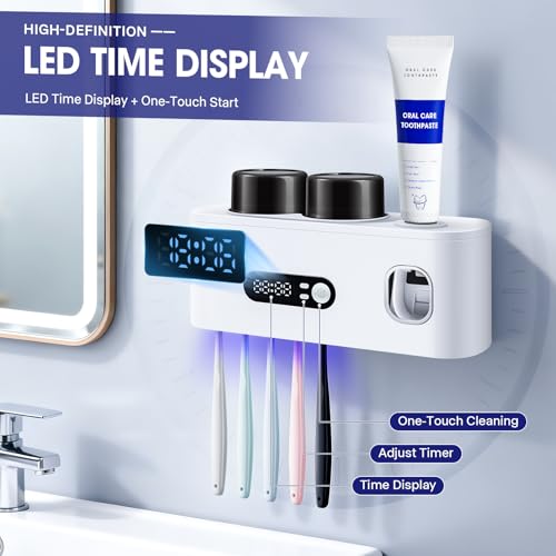 Toothbrush Sterilizer Holders,Smart Drying and Cleaning Wall Mounted Holder with Automatic Toothpaste Dispenser, 5 Brush Slots 2 Cups for Bathroom (White) - color: White