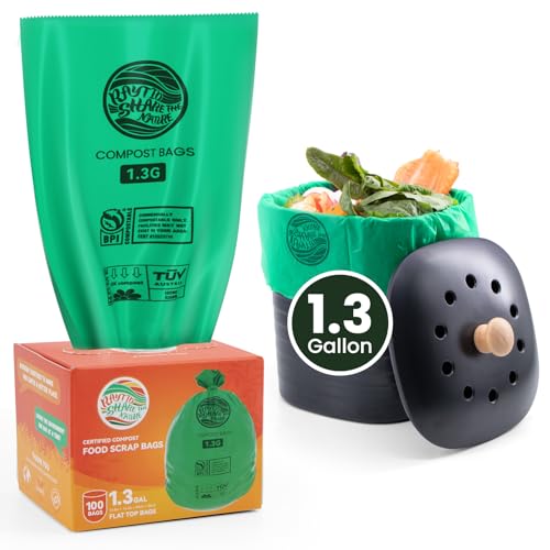 Compost Bags 1.3 Gallon,100 Count,Compostable Small Trash Bags for Kitchen Countertop Compost Bin 0.75, 1,1.2, 1.3Gallon,ASTM D6400, US BPI and Europe OK compost HOME certified - color: 1.3G-100ccount