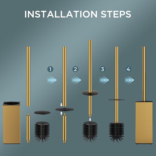 FORIOUS Toilet Brush and Holder Set, SUS304 Stainless Steel Square Base, Extended Long Handle, Drip-Proof & Space Saving, 2 Replaceable Brush Heads, Plastic & Silicone Dual Brush Head, Drak Gold - color: Brushed Gold