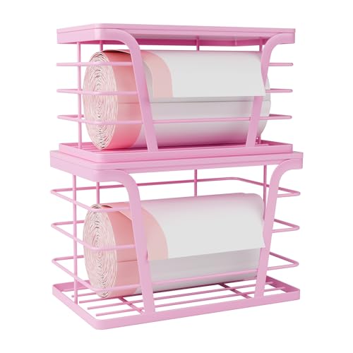 TIDIIABODE 2 Pack Pink Trash Bag Holder - Stackable Garbage Bag Dispenser with Bamboo Top, Kitchen Accessories & Decor, Wall Mount Storage for Kitchen, Home, Bathroom Decor & Gifts - color: 2-Pack-L&S-Pink