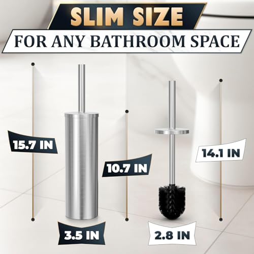 2 Pcs Stylish Stainless Steel Toilet Brush and Holder Set - Silver Toilet Bowl Brush and Holder with Splash Cover, Sturdy Bristles, Corrosion & Scratch Resistant - Elegant Design, Effective Cleaning - color: Silver 2 Pcs