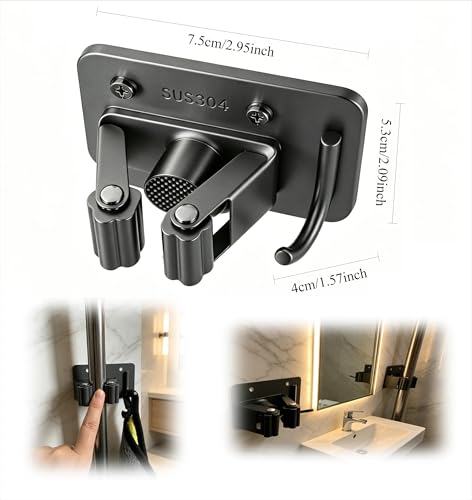 Mop Broom Holder, 4 Pcs Stainless Steel Broom Holder Wall Mount Self Adhesive/Screw Drilling Heavy Duty Broom and Mop Organizer Wall Hanging Cleaning Tool Organizer Gripper for Bathroom, Kitchen