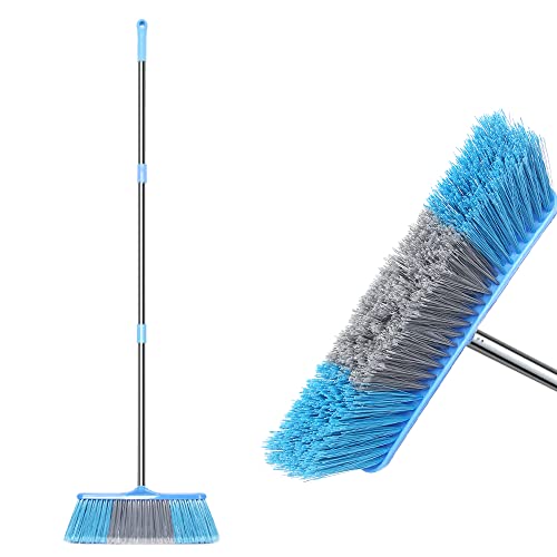 LandHope Heavy Duty Broom, 15.75in Wide Push Broom, 45.67in Long Handle, Adjustable, Floor Sweeper for Indoor Outdoor Commercial Warehouse Home Kitchen Patio Garden Garage - color: Blue