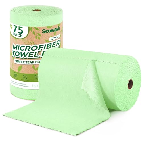 Microfiber Cleaning Cloths Roll, 75 Pack Tear Away Microfiber Towels Roll, 12" x 12" Lint Free Rags, Reusable Cleaning Cloths, Washable, Scratch Free,Ultra Absorbent Dish Rags(Green) - color: Green, size: 75 pack