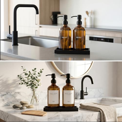2 Packs Glass Dish Soap Dispenser Set for Kitchen, Hand and Dish Soap Dispenser with Stainless Steel Pump & Resin Tray, Rental-Modern Refillable Countertop Soap Dispenser for Bathroom,Amber - color: Amber