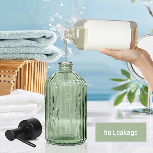 14 Oz Black Pump Glass Soap Dispenser, Green Stripe Countertop Refillable Liquid Bottle Hand Dish Lotion Dispenser with Plastic Pump, for Kitchen, Bathroom, 2 Pack - color: 2 Packs Green
