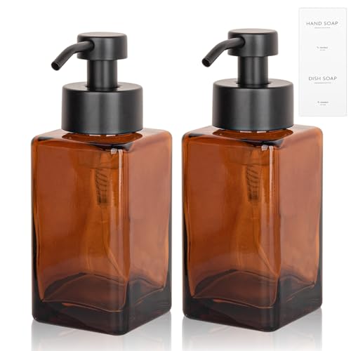 Foaming Soap Dispenser with Stainless Steel Pump, 12oz Refillable Glass Liquid Dish Soap Bottles for Bathroom, Kitchen Sink, Home Decor, 2 Pack - color: C-amber, size: 2 Pack