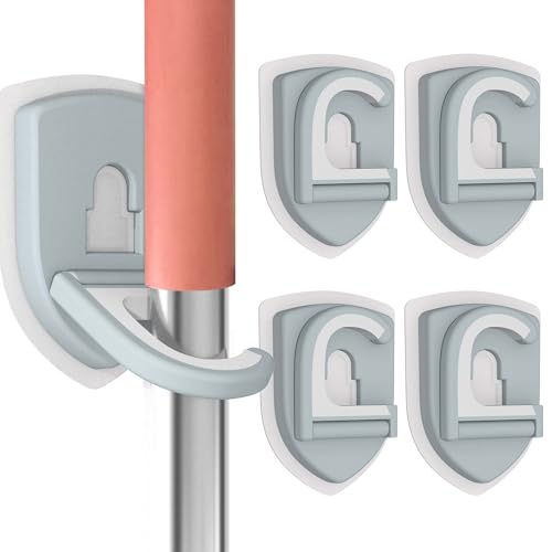 Broom Holder Wall Mount Self Adhesive, Broom and Mop Organizer Wall Hanging, No Drilling Anti-Slip Broom Hook Over Door for Home, Kitchen, Garden, Garage Storage (4-Pack, Stone Blue) - color: Stone Blue, size: 4 Pieces