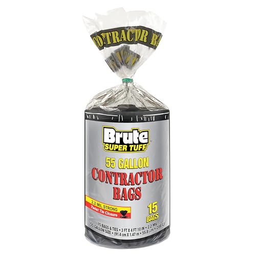 Brute Super Tuff Heavy Duty 2.2 MIL Contractor Bags, Extra Large Trash Bags, Twist Tie Closure, Black, 55 Gallon, 15 Count - size: 15 Count (Pack of 1), style: Contractor (55 Gallon)